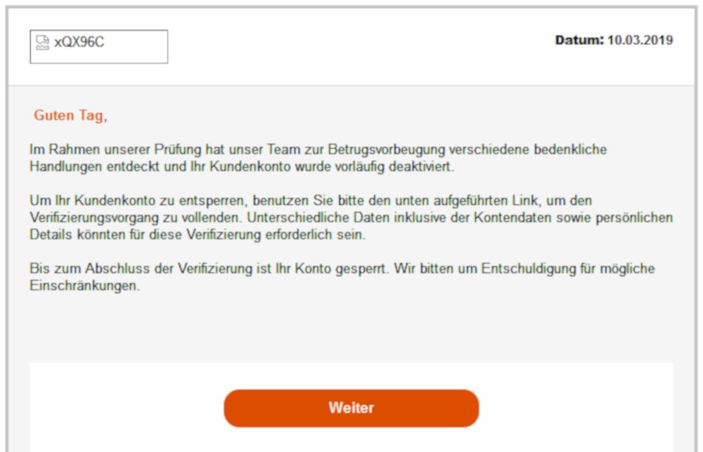 Phishing-Email vom "Oasenplatz" (10.3.2019; Foto: Klare)