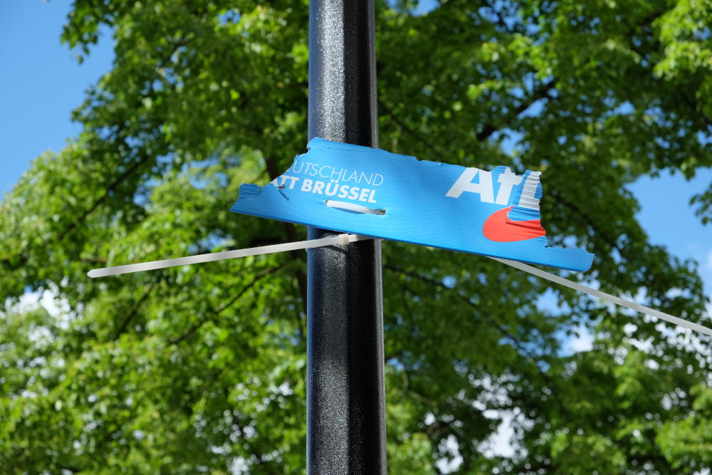 Reste eines Wahlplakats der AfD auf der Marktallee (4.5.2019; Foto: Klare)