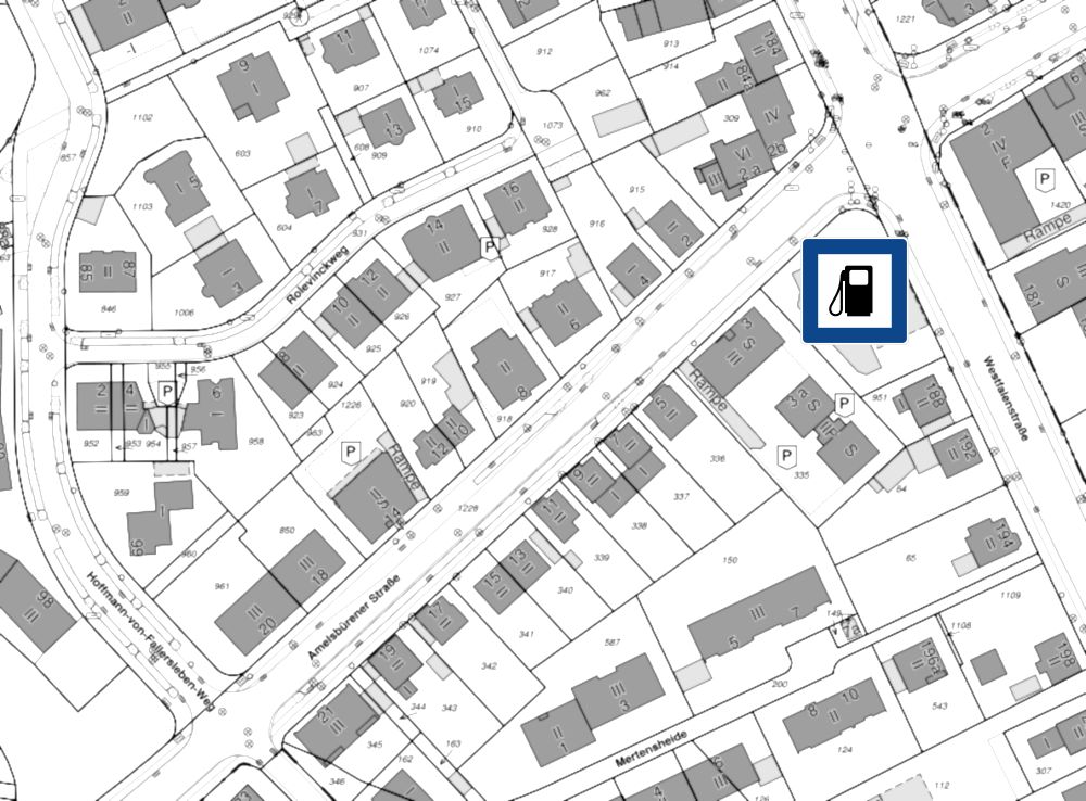 Amelsbürener Straße: Hier will ein Investor den Verkehr von seinen Häusern fernhalten (Plan: https://geo.stadt-muenster.de; bearbeitet) 