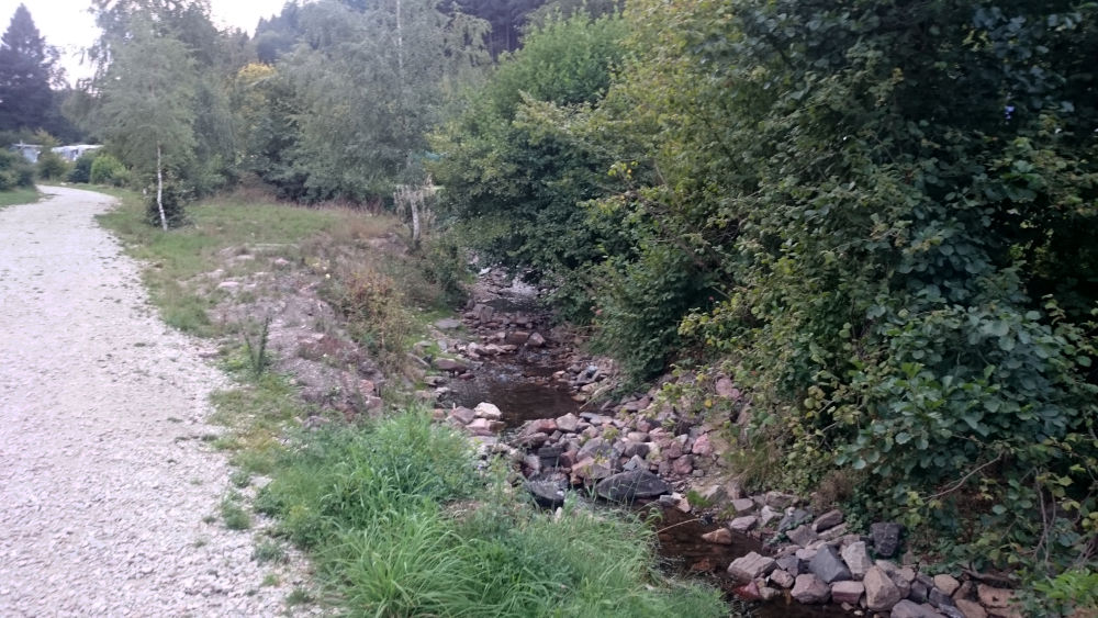 Stellplätze am Fischbach: Im Sommer ein Kinderparadies (Harfenmühle, 9.9.2019; Foto: Klare)