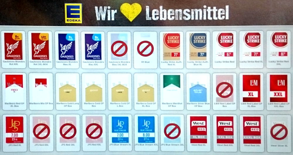 Zigarettenautomat an der Supermarktkasse: "Lebensmittel" Zigaretten (EDEKA-Händler Wiewel in Hiltrup, 5.10.2019; Foto: Klare)