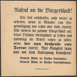 Münster: Streikaufruf von Beamtenbund und christlichen Gewerkschaften im März 1920