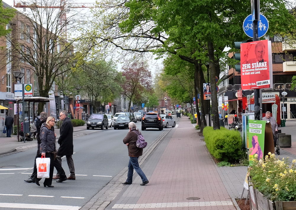 Das Wahlplakat der Linken verdeckt die Fußgängerampel an der Hiltruper Marktallee (3.5.2017; Foto: Klare)