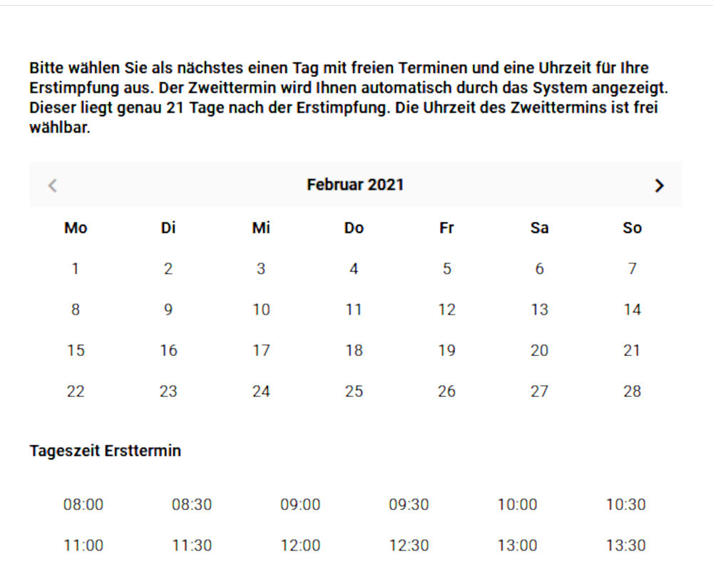 Viele Kalendertage, aber keine Terminangebote (1.2.2021; Quelle: www.impfportal-niedersachsen.de)