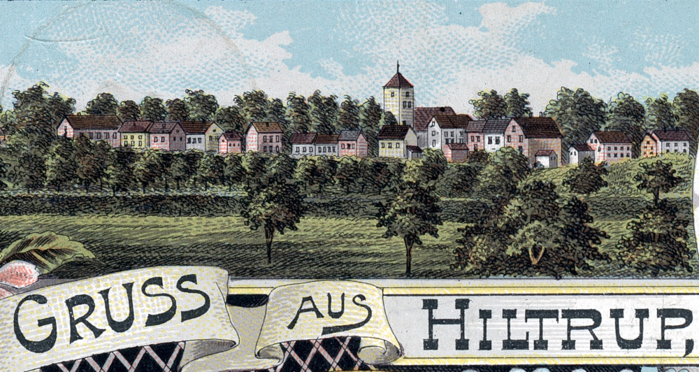 Hiltrup im Jahr 1898: Ein paar Häuser rund um Alt-St. Clemens (Postkarte, Ausschnitt)