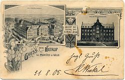 Die beiden 1897 und 1899 erbauten Missionshäuser prägten Anfang des 20. Jahrhunderts noch das Bild von Hiltrup (31.8.1905, Historische Postkarte)