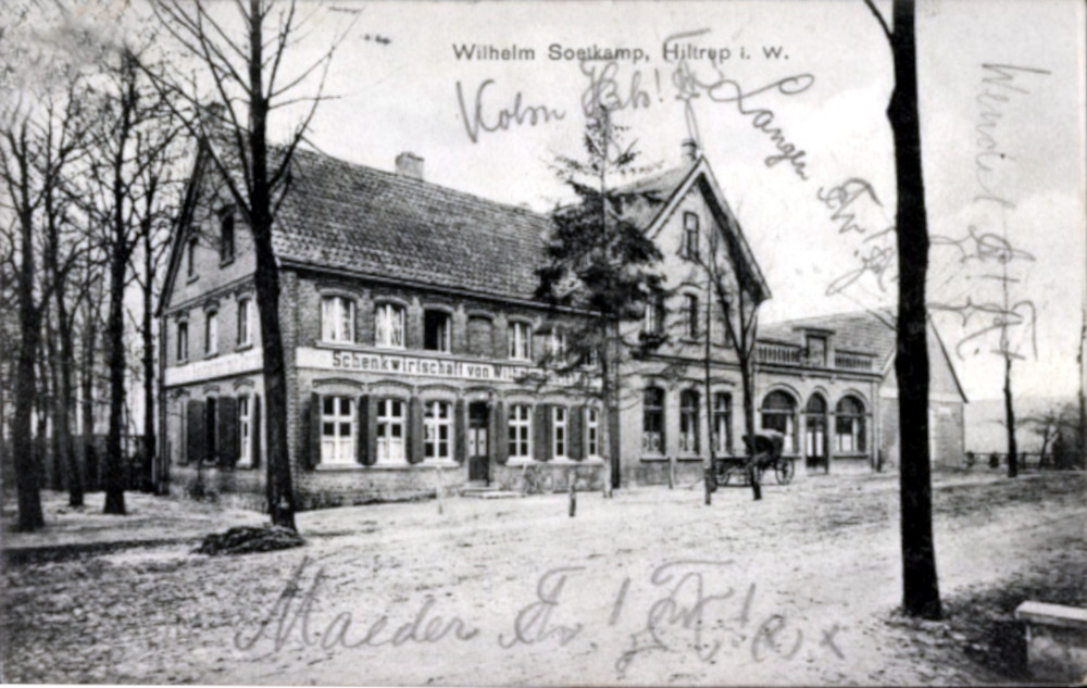 Korporationsstudenten schicken eine Postkarte von ihrem Mai-Ausflug zur Schenkwirtschaft Wilhelm Soetkamp in Hiltrup (2.5.1908, historische Postkarte)