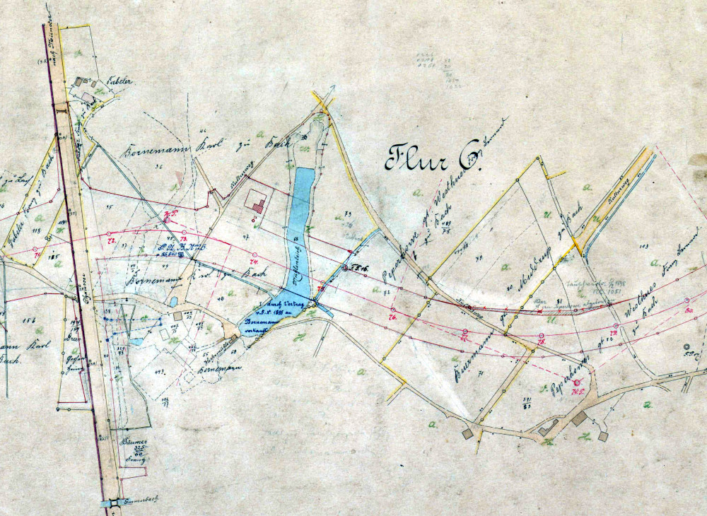 Kanal-Planung in Hiltrup 1891: Bornemanns Wassermühle und Mühlenteich fallen dem Kanal zum Opfer (Grunderwerbskarte vom 4.8.1891 Blatt 4)