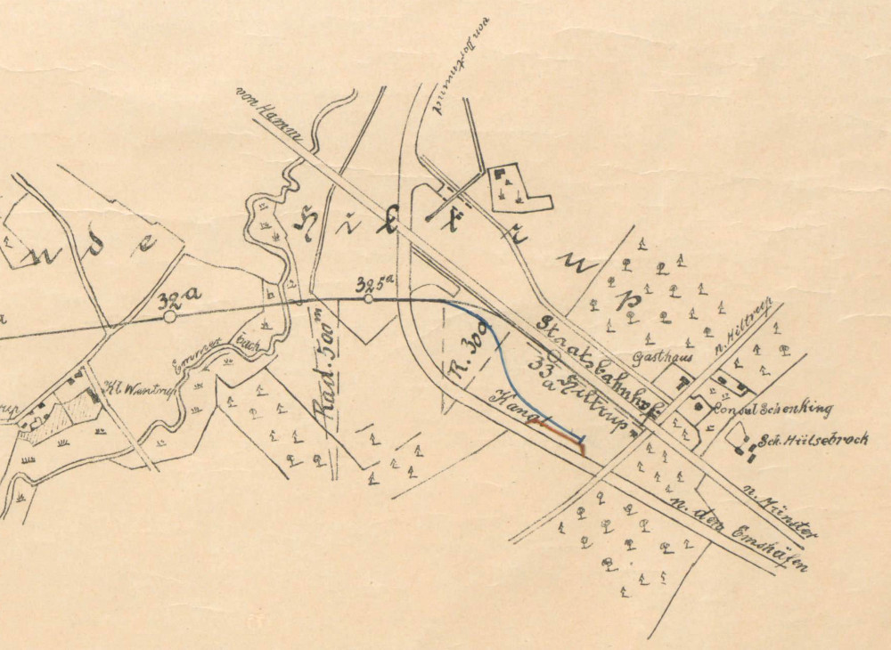 Plan für eine direkte Bahn Beckum-Hiltrup-Münster (28.8.1895, Archiv; Ausschnitt und Bearbeitung: Henning Klare)