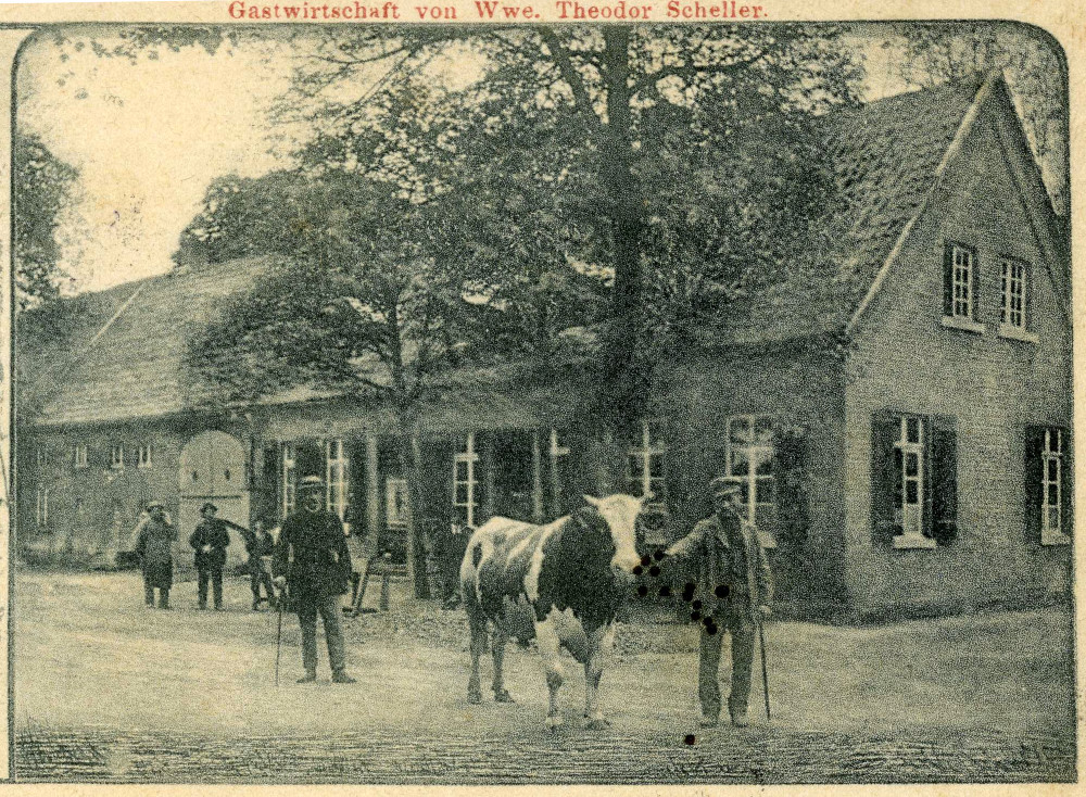 "Gastwirtschaft von Wwe. Theodor Scheller" (1901; historische Postlkarte, Sammlung Stoffers (Münsterländische Bank - Stadtarchiv) 0106, Ausschnitt)