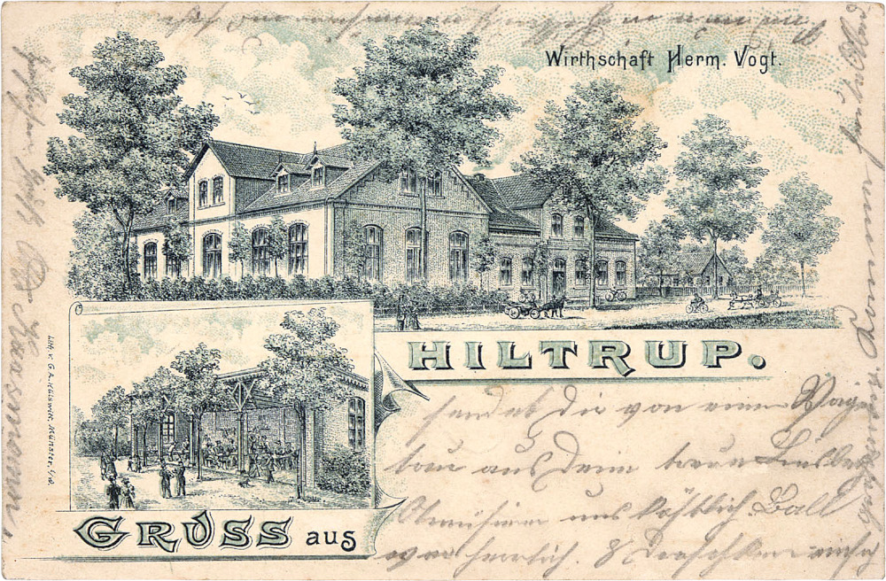 "Gruss aus Hiltrup / Wirthschaft Herm. Vogt" (vor 1901; historische Postkarte)