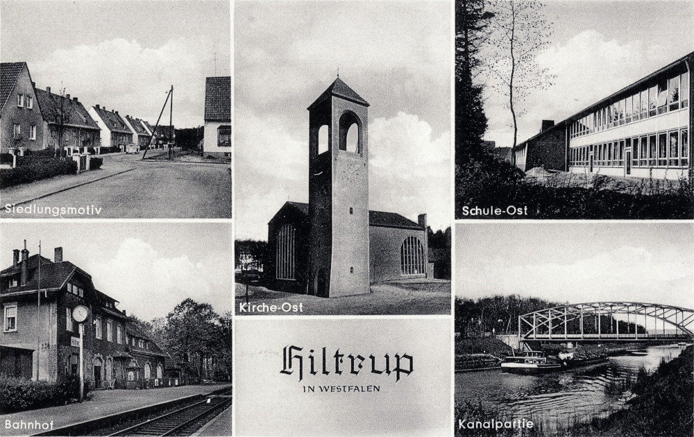 Hiltrup-Ost: Ringstraße / St. Marien / Marienschule / Prinzbrücke / Bahnhof (1957; historische Postkarte  Sammlung Stoffers (Münsterländische Bank - Stadtarchiv) 0114)