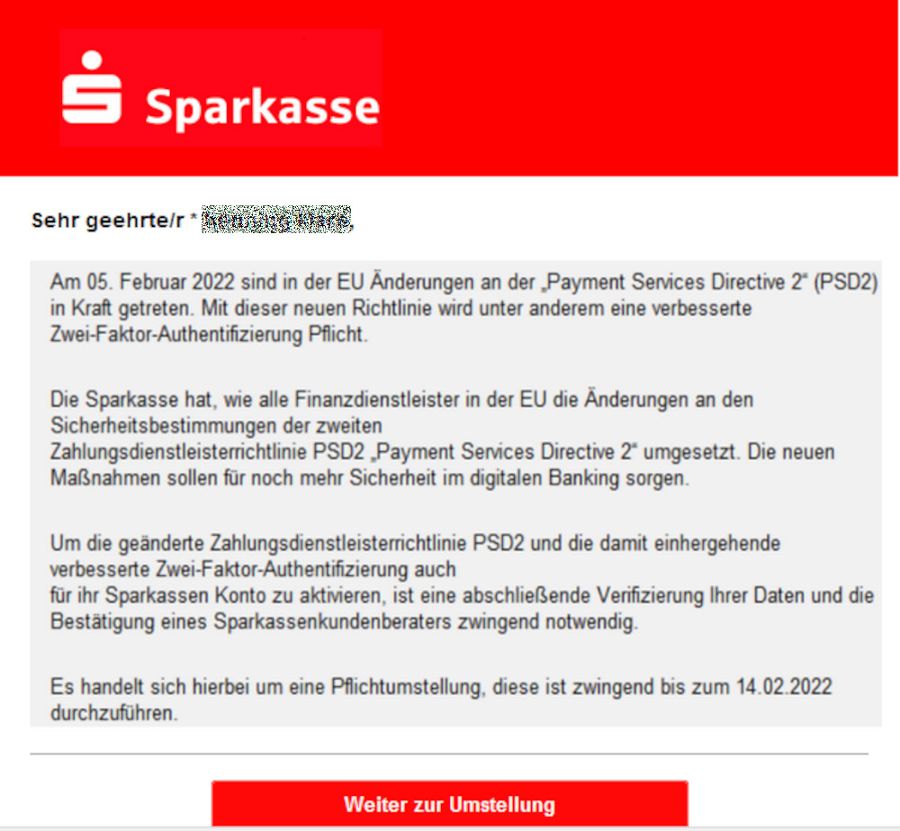Phishing-Mail, angeblich von der Sparkasse (11.2.2022)
