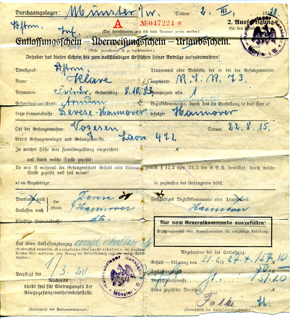 Heimkehrlager Rennbahn in Münster: Entlassungsschein des Landsturmmanns Friedrich Klare nach viereinhalb Jahren Kriegsgefangenschaft und Arbeit auf einem französischen Bauernhof (2.3.1920; Privatbesitz Henning Klare)