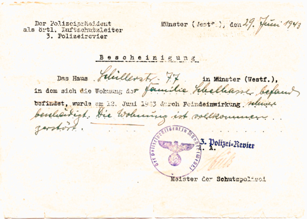 "Bombenschein": Amtliche Bescheinigung über die Zerstörung einer Wohnung in Münster durch Bomben (29.6.1943)