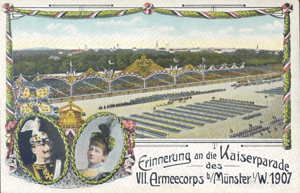"Erinnerung an die Kaiserparade des VII. Armeecorps b. Münster i.W. 1907" (historische Postkarte)