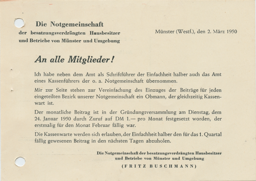Notgemeinschaft der besatzungsverdrängten Hausbesitzer (1950; Hiltruper Museum)
