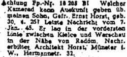 Suche nach dem vermissten Sohn per Kleinanzeige (Westfälische Nachrichten 31.12.1946)