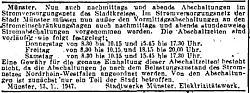 Stundenweise Stromabschaltungen in Münster (Westfälische Nachrichten 19.11.1947)