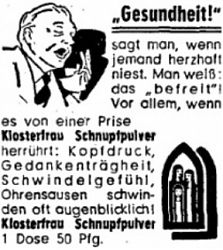 "Klosterfrau Schnupfpulver" (Werbeanzeige, Westfälische Nachrichten 30.5.1951)
