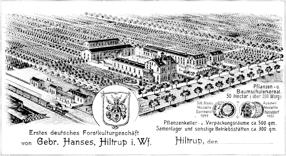 Das „Das erste deutsche Forstkulturgeschäft von Gebr. Hanses“ südwestlich des Hiltruper Bahnhofs (1905)