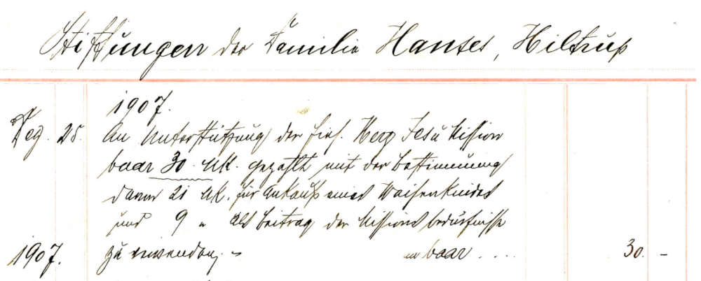 Spende der Hiltruper Familie Hanses "für Ankauf eines Waisenkindes" (Kontobuch von 1907; Hiltruper Museum)