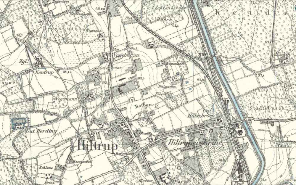 Hiltrup, Kartenausschnitt von 1927 (aus der Karte 1:25.000; Bearbeitung: Henning Klare)