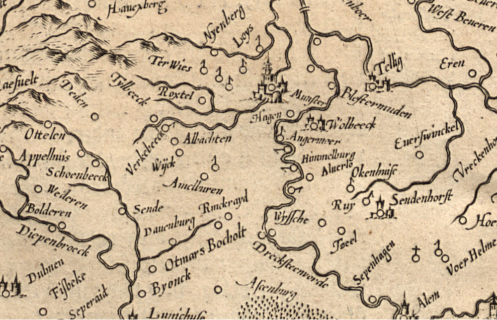 Mercator-Karte von 1627: Amelsbüren und Haus Getter; Hiltrup ist nicht verzeichnet