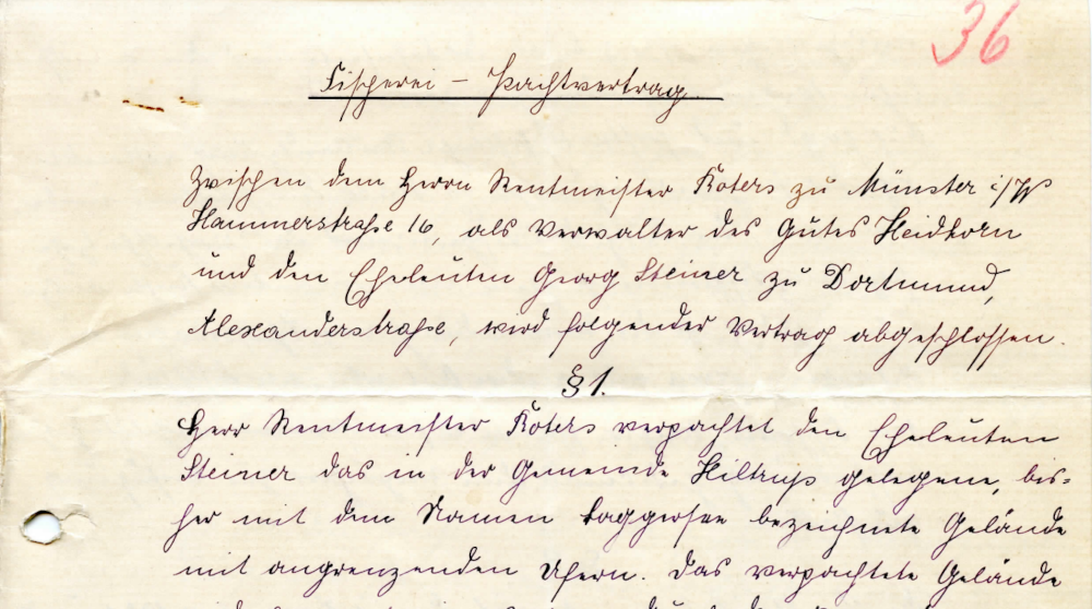 Fischerei-Pachtvertrag zwischen Gut Heidhorn und den Eheleuten Georg Steiner (23./25.11.1921; Hiltruper Museum)