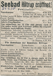 Zeitungsinserat vom 24.5.1938: Seebad Hiltrup eröffnet (Hiltruper Museum)