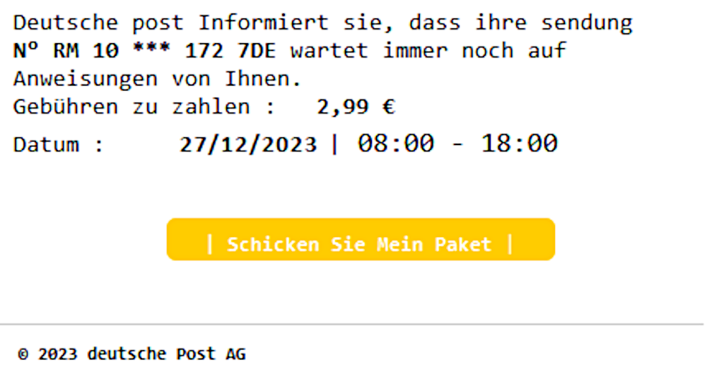 "Deutsche post Informiert sie" - typische kriminelle Email (27.12.2023)