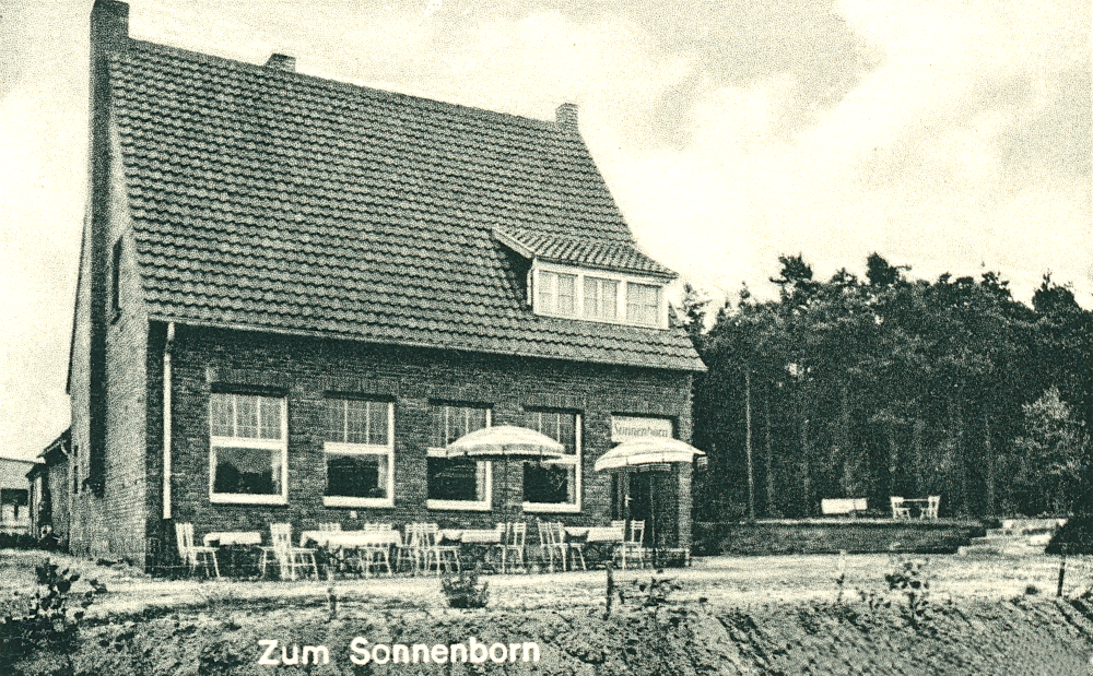 "Gaststätte und Gartenwirtschaft zum Sonnenborn, Bes. Otto Rabe" (historische Postkarte um 1951)