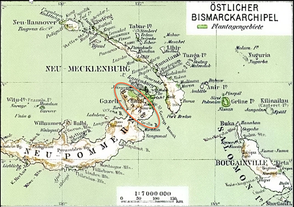 Gebiet der Baining (rot markiert) auf "Neu-Pommern" (Deutsches Kolonial-Lexikon von 1920)