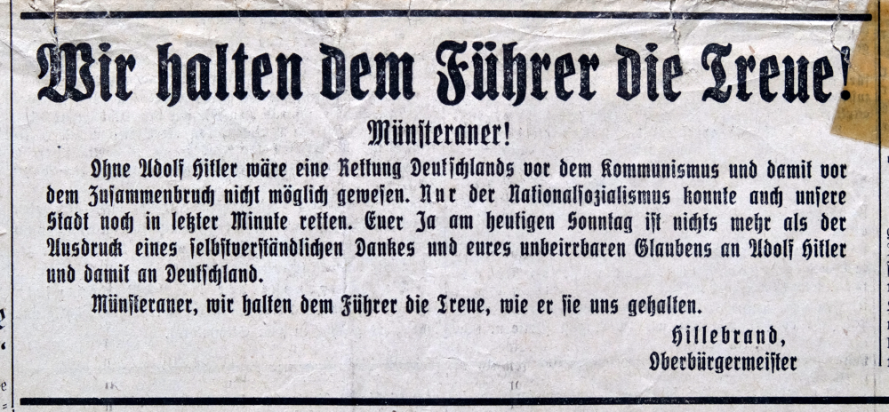 Aufruf des NS-Oberbürgermeisters von Münster zur Volksabstimmung am 19.8.1934 (Nationalzeitung; Hiltruper Museum)