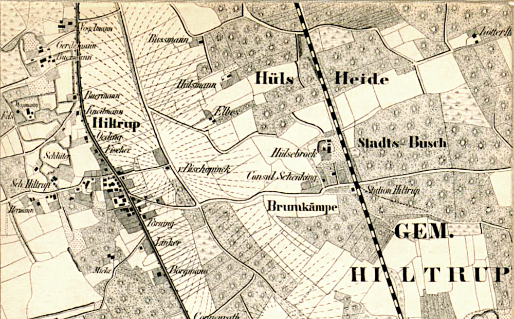 Hiltrup auf der topografischen Karte von 1868 (Landesarchiv NRW: Karten A Signatur 11827; Bearbeitung: Henning Klare)