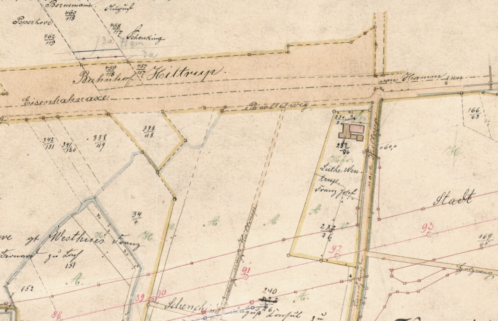 Kartierung für den Grunderwerb der Prinzbrücke (16.7.1891; Landesarchiv NRW Abteilung Westfalen Karten A Signatur 4680, Ausschnitt; Bearbeitung: Henning Klare)