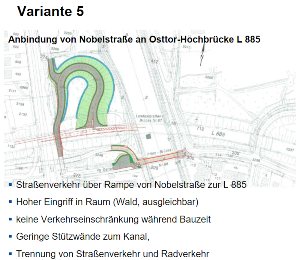 “Planungsvariante 5“: Ersatz der alten Prinzbrücke durch eine Fußgänger- und Radfahrerbrücke, Anbindung des Gewerbegebiets Nobelstraße durch ein „Ohr“ an die Landesstraße (Wasser- und Schifffahrtsverwaltung, 6.3.2012)