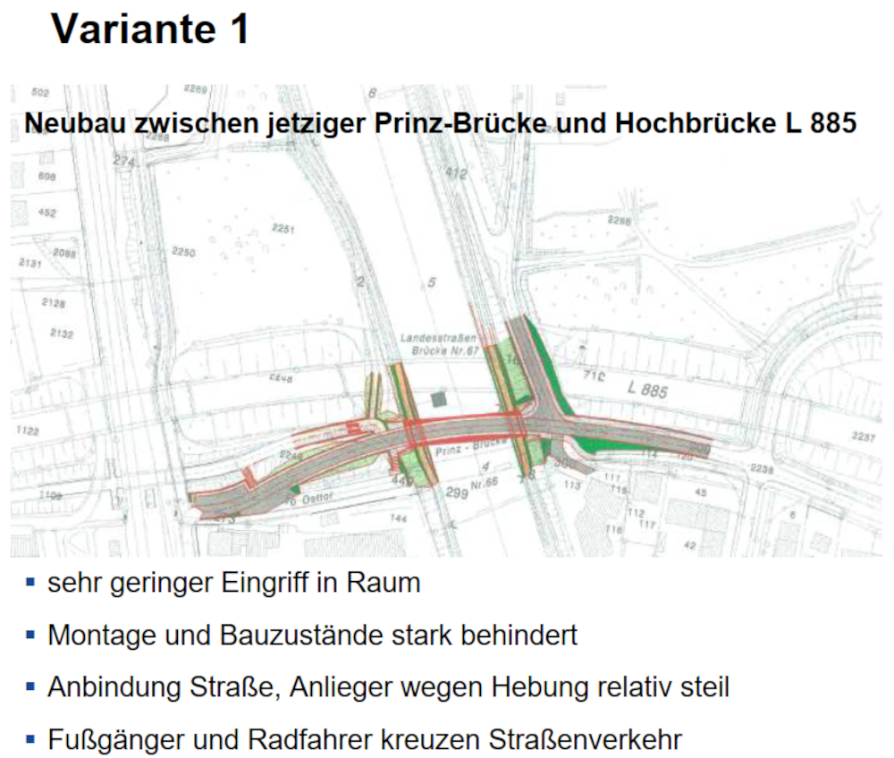 “Planungsvariante 1“: Ersatz der alten Prinzbrücke durch eine Brücke für motorisierten Verkehr, Fußgänger- und Radfahrer, keine Verbesserung der Verkehrssicherheit (Wasser- und Schifffahrtsverwaltung, 6.3.2012)