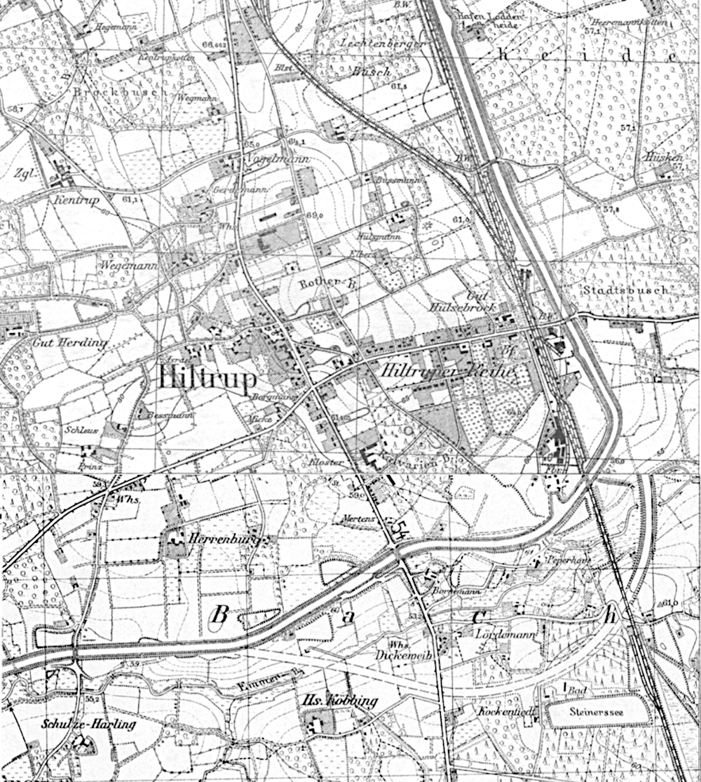 Hiltrup 1936/1941: Messtischblatt 4011 von 1936 (oben) und 4111 von 1941 (unten; Montage: Henning Klare)