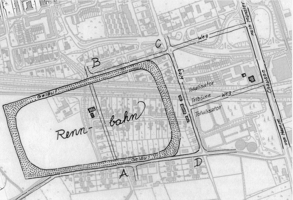 Zeichnung der Rennbahn, überlagert mit Stadtplan des 21. Jahrhunderts (Stadtarchiv Münster / Fritz von Poblotzki)