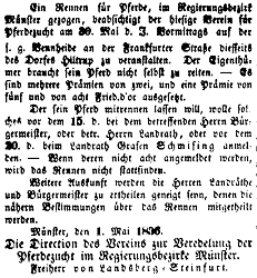 Ankündigung eines Pferderennens auf der Vennheide (Westfälischer Merkur 3.5.1836, Bearbeitung: Henning Klare)