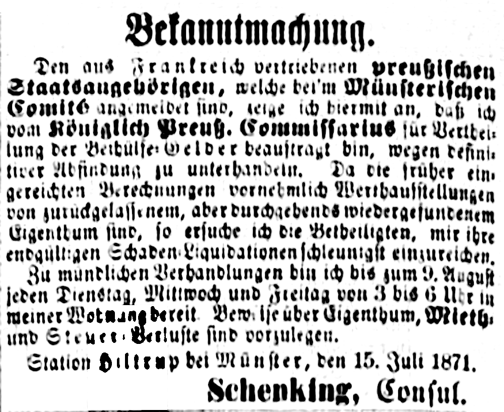 Bekanntmachung Consul Schenkings vom 15.7.1871 (Inserat im Westfälischen Merkur vom 17.7.1871, Bearbeitung: Henning Klare)