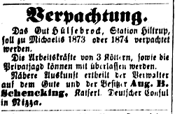 Verpachtungs-Anzeige für das Gut Hülsebrock (Westfälischer Merkur 27.5.1873; Bearbeitung: Henning Klare)