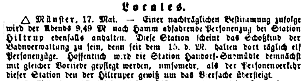 "Schoßkind der Bahnverwaltung": 1881 halten in Hiltrup täglich 11 Züge (Westfälischer Merkur 17.5.1881; Bearbeitung: Henning Klare)