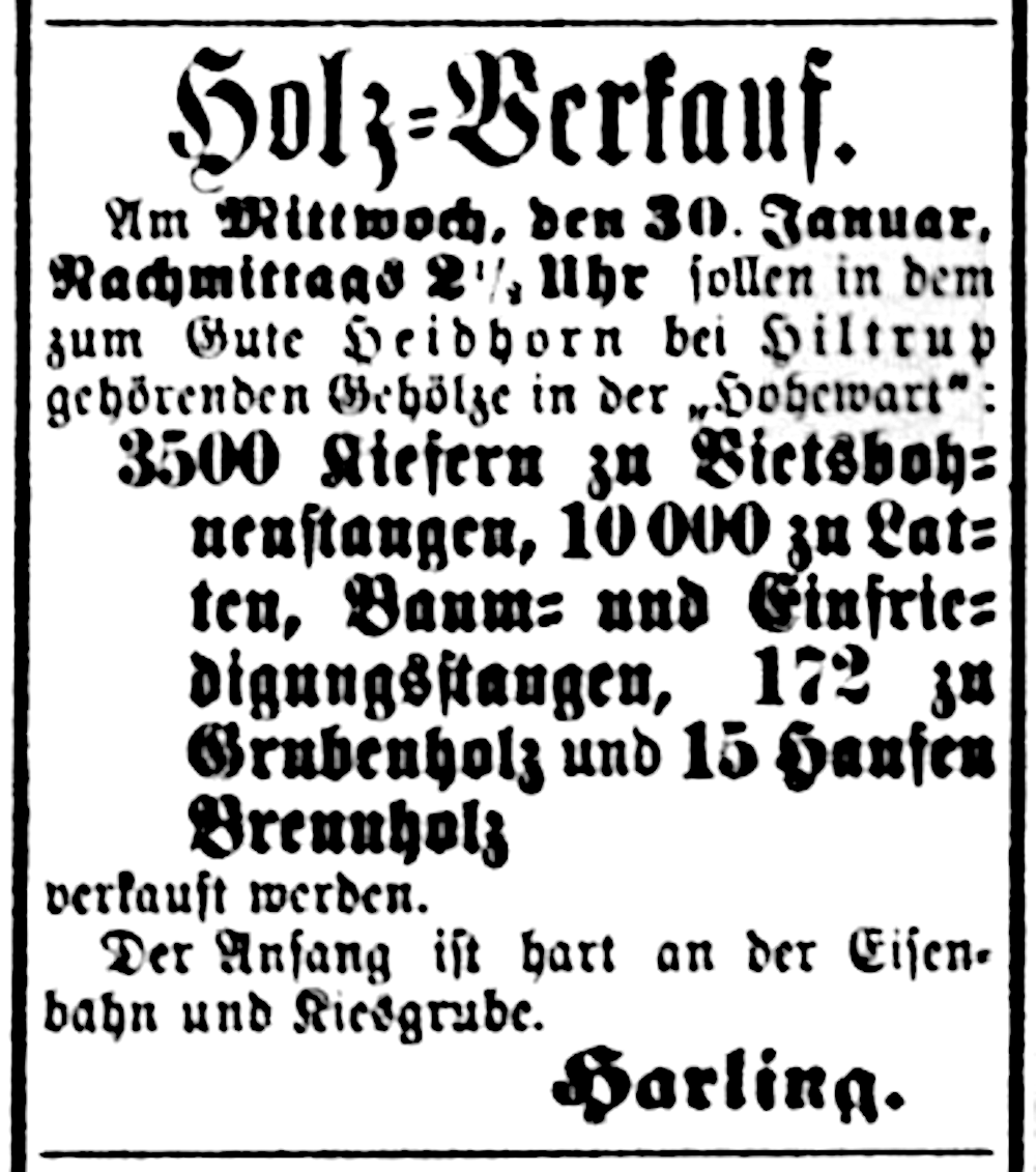 Gut Heidhorn: Holz-Verkauf "hart an der Eisenbahn und Kiesgrube" (Westfälischer Merkur 27.1.1884, Bearbeitung: Henning Klare)