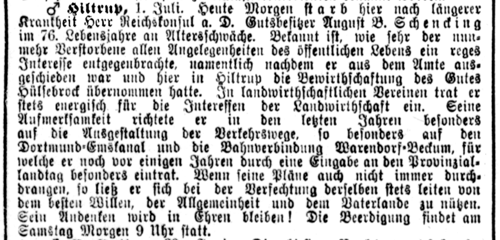 Zeitungsbericht über den Tod Schenckings im Westfälischen Merkur (1.7.1903, Bearbeitung: Henning Klare)