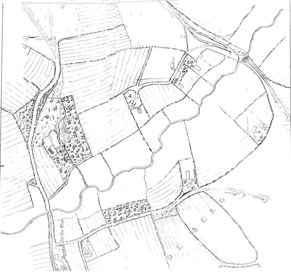 Die alte Landstraße: Links unten Dicke Weib an der heutigen Westfalenstraße. Der Chemin d'Hamm verläuft rechts oben über den Breiten Weg / Am Klosterwald / Hohe Geest nach Münster. Der Emmerbach ist unter Napoleon die Grenze zum Herzogtum Berg (Brouillon 