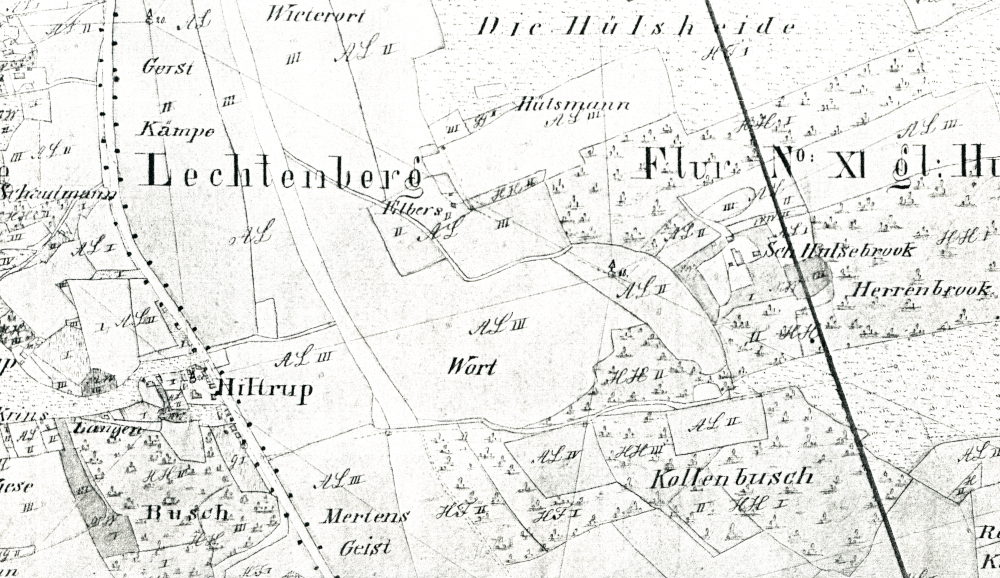 Dorf Hiltrup und Gut Hülsebrook (Katasterkarte, um 1825, Hiltruper Museum; Bearbeitung: Henning Klare)