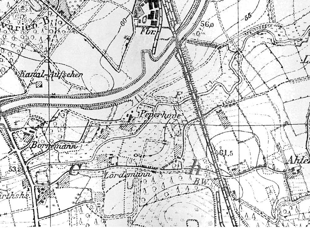 Das Messtischblatt zeigt den Zustand vor 1920: Links unten Dicke Weib an der heutigen Westfalenstraße, in der Mitte unten der Anfang des Steiner Sees (Karte: Hiltruper Museum; Bearbeitung: Henning Klare)