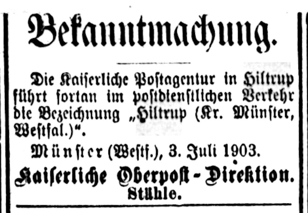 Kaiserliche Postagentur "Hiltrup (Kr. Münster, Westfal.)" (Westfälischer Merkur 6.7.1903, Bearbeitung: Henning Klare)